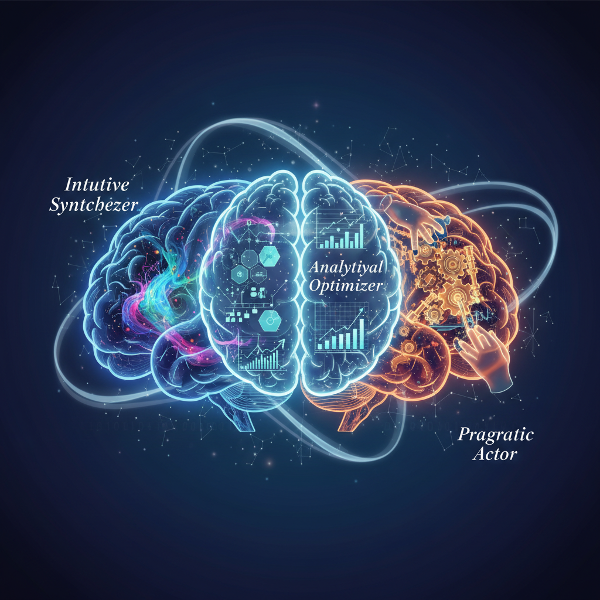 Kuvitteellinen kuva ihmisen aivoista, jotka on jaettu kolmeen osaan, jotka edustavat erilaisia ongelmanratkaisutyylejä: intuitiivista synteesaajaa, analyyttistä optimoijaa ja pragmaattista toimijaa.