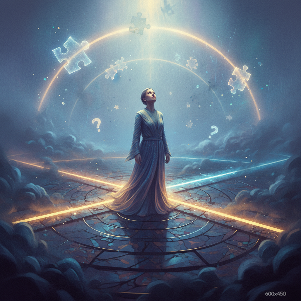 Henkilö mietteliäänä sumuisella risteyksellä, jossa useat tiet hajaantuvat epävarmuuteen. Kuvassa on unenomainen ja mahdollisuuksia täynnä oleva tunnelma.