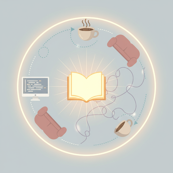 Havainnollistava kuva arjen toistuvista, tiedostamattomista tottumuksista ja niiden vaikutuksesta hyvinvointiin. Yksi valoisa, myönteinen rutiini erottuu himmeistä, kuluttavista malleista, symboloiden pienten muutosten mahdollisuutta.