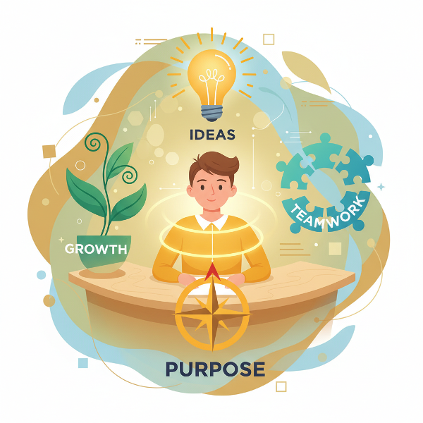 Kuva, joka havainnollistaa työssä tarvittavien energialähteiden ja työn tarkoituksen löytämistä. Henkilö on tyytyväinen ja täynnä energiaa, ympärillään erilaisia symbolisia voimanlähteitä.