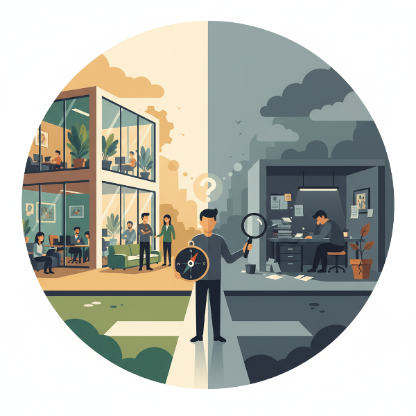 Kuvassa henkilö risteyksessä, joka symboloi työelämän valintoja. Yksi tie johtaa elinvoimaiseen työympäristöön, toinen uupumusta kuvaavaan tilaan. Kuvassa käytetään valon ja värien kontrasteja havainnollistamaan työn antamaa energiaa ja haasteita.