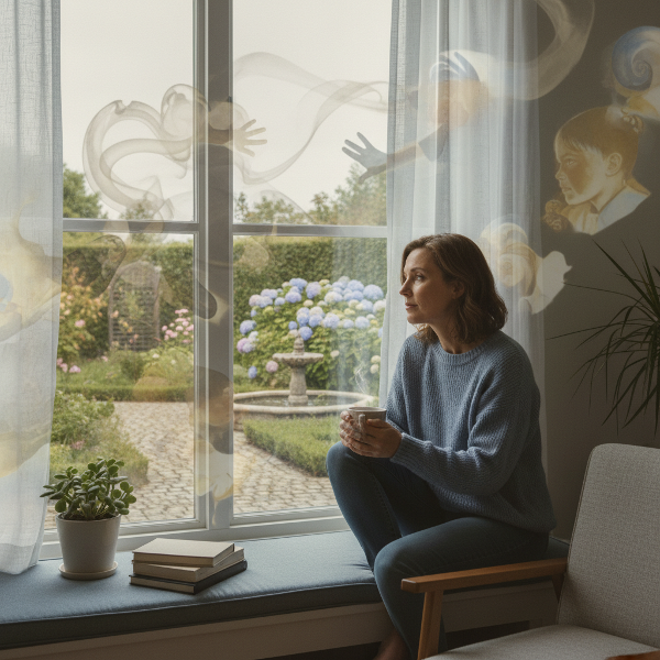 Nainen istuu turvallisessa huoneessa ikkunan ääressä. Hänen ilmeensä on väsynyt ja ajatuksissa. Ikkunan ulkopuolella rauhallisessa puutarhassa näkyy hienoisesti himmeitä, abstrakteja muotoja, jotka edustavat muistoja konfliktialueelta. Kuvassa yhdistyvät nykyinen turvallisuus ja menneisyyden trauma.