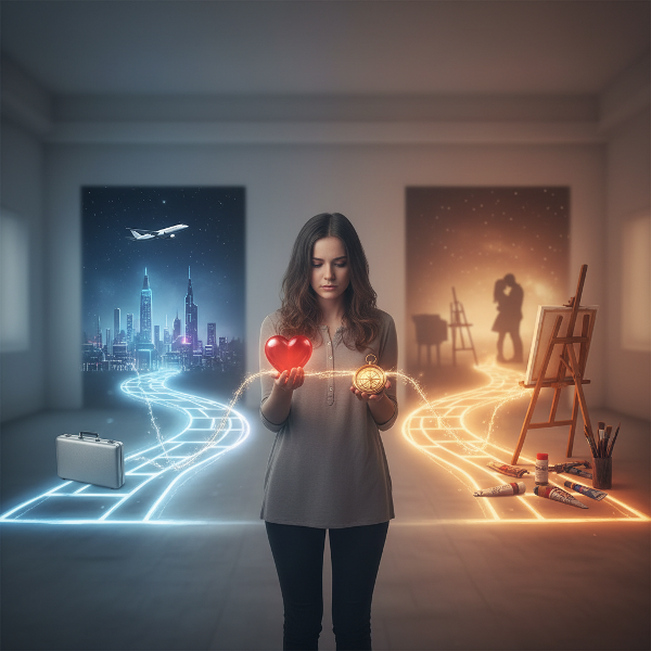 Nuori nainen seisoo risteyksessä, jossa ura ja rakkaus näyttävät eri suuntiin. Kuvassa on tunnelmallinen valaistus ja symboliikka, joka kuvaa tasapainon etsimistä.