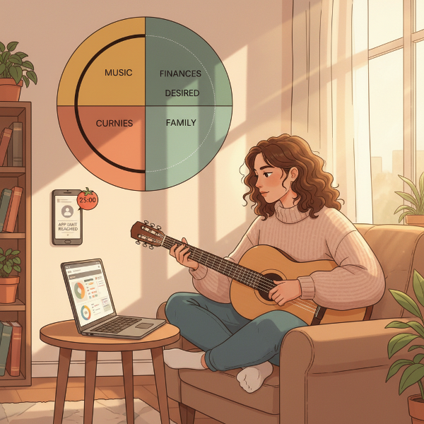 Nuori nainen pohtii elämänsä tasapainoa musiikin, talouden, opiskelun ja perheen välillä visuaalisesti esitettynä ympyräkaaviona ja arjen työkaluina.