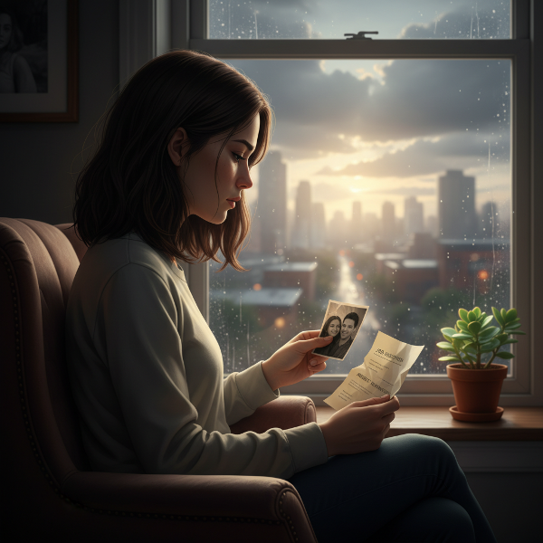 Nuori nainen istuu yksin hämärässä huoneessa sateisen kaupunkinäkymän äärellä, pitäen kädessään revittyä valokuvaa ja rypistynyttä työhakemuksen hylkäyskirjettä. Toivonkipinä valaisee pienen kasvin ikkunalaudalla.