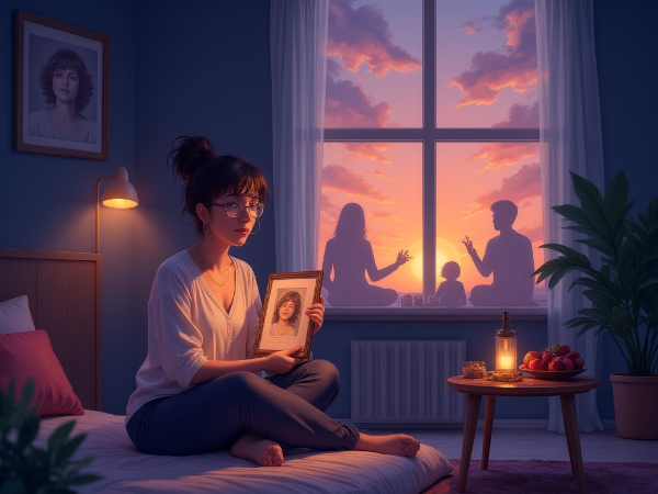 Nainen istuu hiljaisessa huoneessa, katsoo äitinsä kuvaa. Pöydällä terveellisiä välipaloja. Taustalla perheen hahmot ja aamunkoitto symboloivat toivoa ja tukea.