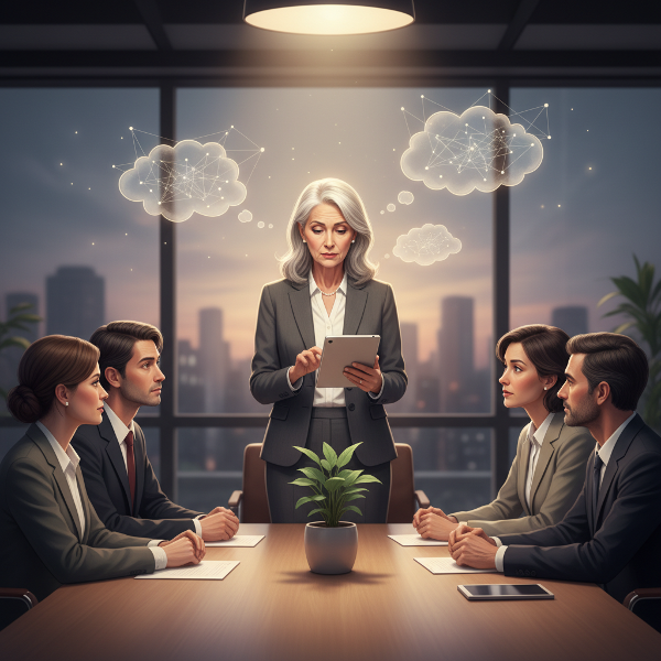 Nainen siirtyy hiljaisesta asiantuntijasta johtajaksi monikansallisessa tiimissä, kamppaillen epävarmuuden kanssa mutta löytäen sisäistä vahvuutta.