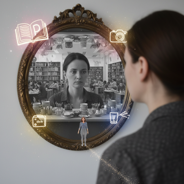 Nainen katselee peiliin, jossa näkyy rutiininomainen elämä, mutta pieni askel johtaa kohti värikkäitä luovia unelmia.