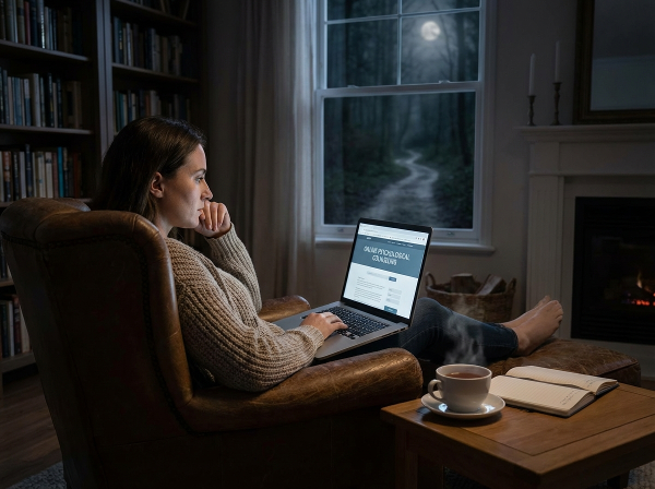Nuori nainen istuu yksin kotonaan työpäivän jälkeen, tarkkaillen työtään tarjoamassa online-psykologineuvontaa, ja pohtii yksinäisyyttään ja syvempien yhteyksien kaipuuta.