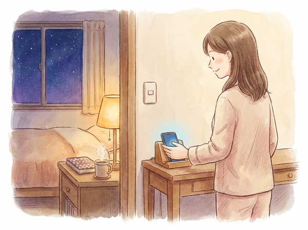 Kuva, jossa nainen asettaa älypuhelimensa lataamaan toiseen huoneeseen illalla, korvaten sen kirjalla ja rauhallisella iltarytmillä unenlaadun parantamiseksi.