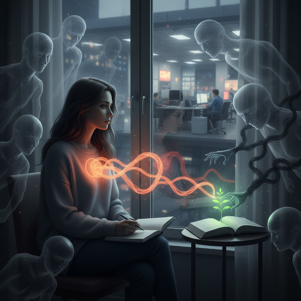 Nainen pohtii identiteettiään sosiaalisten haasteiden, työstressin ja monimutkaisten suhteiden keskellä, etsien yhteyttä omaan itseensä.