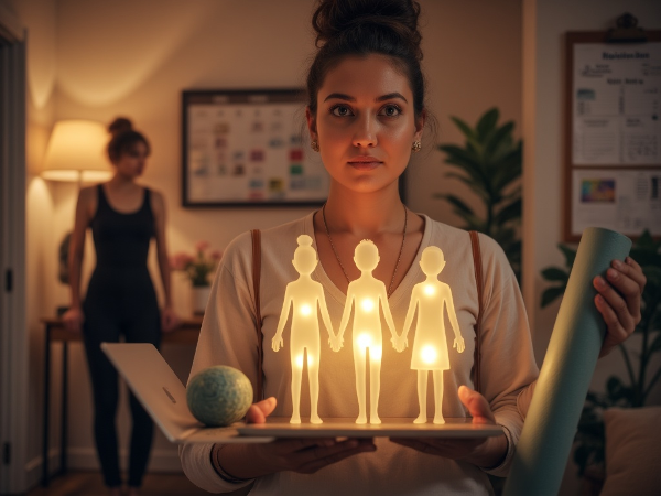 Nainen etsii tasapainoa arjen vastuiden ja sisäisen minuutensa välillä, transaktioanalyysin ja kehollisten menetelmien avulla.