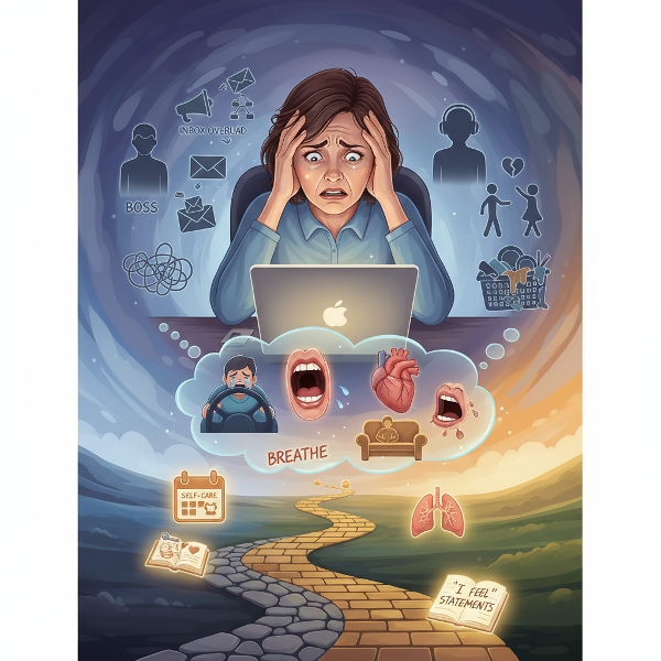 Kuva esittää 55-vuotiasta naista työ- ja kotiarken kuormituksen keskellä, symbolisilla elementeillä, jotka havainnollistavat ärtyisyyttä, vihaa ja etsintää tasapainoon terapian, itsehuollon ja rajojen avulla.