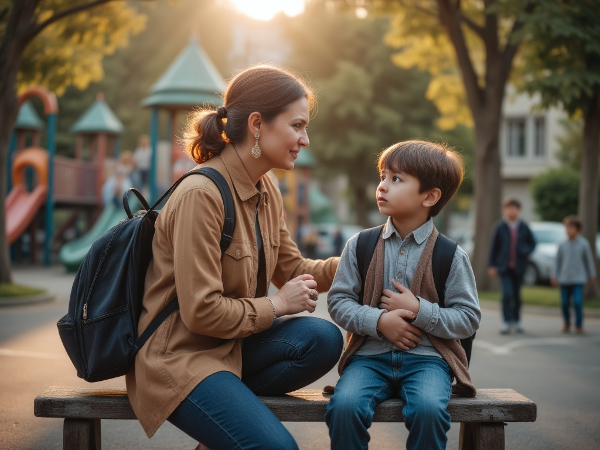Äiti lohduttaa ahdistunutta poikaansa, joka itkee kouluun lähtöä edeltävänä aamuna ja valittaa vatsakipua, kuvaten koulusopeutumisen haasteita.
