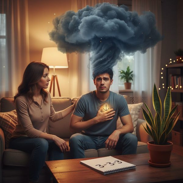 Nuori mies kokee ahdistusta kotonaan. Kuvassa on visuaalisia vertauskuvia huolesta ja sisäisistä työkaluista, jotka auttavat hallitsemaan tunteita.