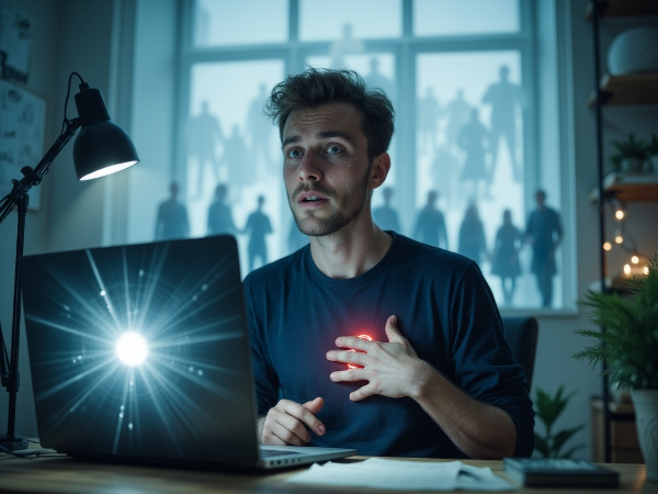 Nuori mies ahdistuksessa kotitoimistossaan, pelokkaat ihmisjoukot taustalla ja rikkoutunut hengitysharjoitusnäyttö, mutta pieni toivojen polku eteenpäin.