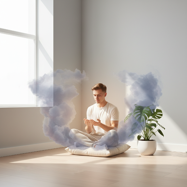 Nuori mies löytää rauhaa ja turvallisuutta minimalistisessa, järjestyneessä henkilökohtaisessa tilassaan, sisäistä myrskyä symboloivien pilvien ympäröimänä.