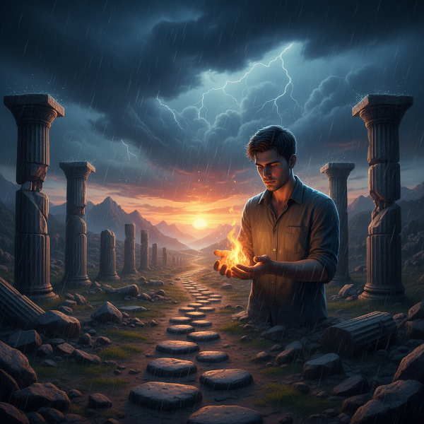 Nuori mies pimeässä maisemassa, pitelee pientä liekkiä, joka valaisee polkua kohti aamunkoittoa, symboloiden toipumista ja uuden alun löytämistä.