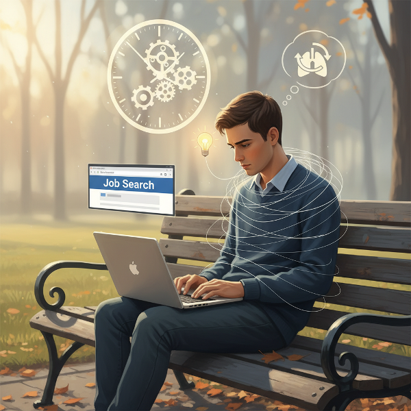 Nuori mies työttömyyden aiheuttaman stressin ja psykosomaattisten oireiden keskellä, etsimässä keinoja käsitellä tilannetta.