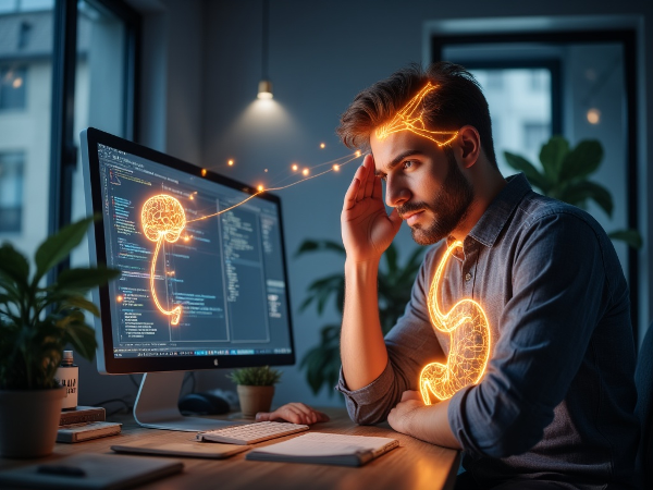 Nuori ohjelmistokehittäjä kokee psykosomaattisia oireita työpöydällään, kun stressi näkyy kehon läpi.