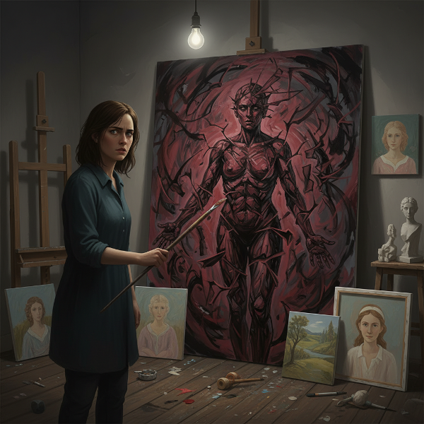 Nuori nainen taiteilijastudiossa katsomassa raivoa ja katkeruutta kuvaavaa abstraktia maalausta, joka heijastaa hänen sisäistä konfliktiaan.