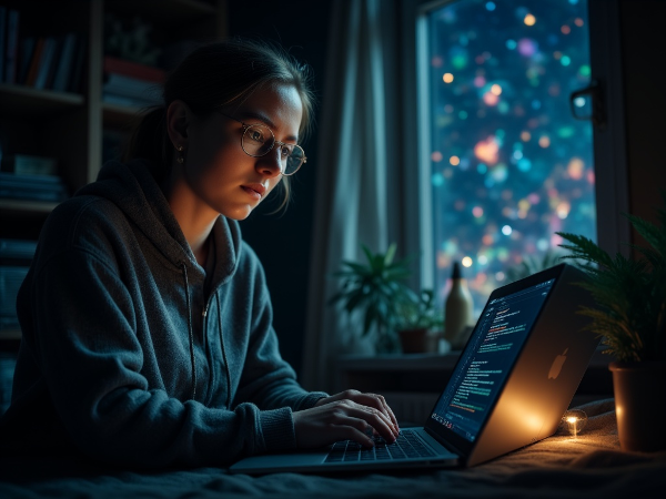 Nuori nainen istuu yksin hämärässä huoneessa tietokoneen ääressä, kun ulkona näkyvä elävä maailma tuntuu kaukaiselta. Toivonkipinä saapuu huoneeseen avoimesta ovesta.