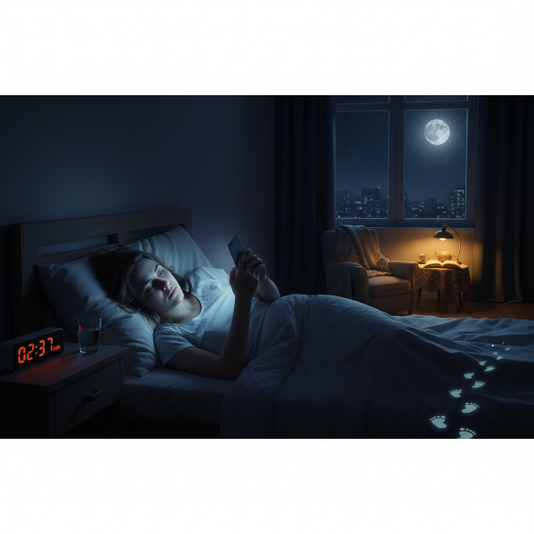 Nuori nainen makaa sängyssä myöhään yöllä ja katsoo loistavaa älypuhelintaan, mikä korostaa väsymystä ja unen puutetta. Kuvassa on kontrastina rauhallinen yö ja polku kohti terveellisempää iltarutiinia.