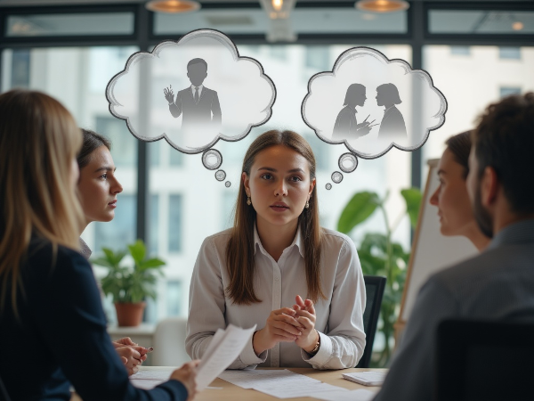 Nuori nainen työkokouksessa, epäröi ottaa ääntään, mutta ajatuksissaan näkee itsensä puhumassa itsevarmasti.