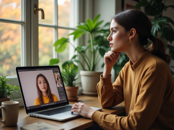 Nuori nainen työskentelee kotona kannettavalla tietokoneella. Ikkunasta tuleva pehmeä valo valaisee viihtyisän työtilan. Näytöllä näkyy videopuhelu, joka symboloi yhteydenpitoa ja tasapainon etsintää yksinäisen työn ja sosiaalisten tarpeiden välillä.