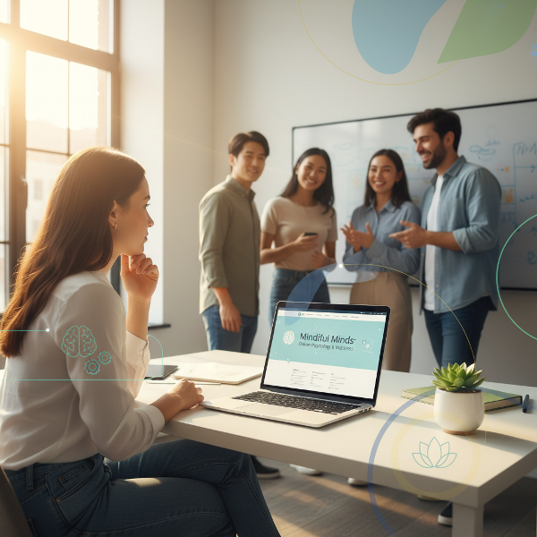 Nuori nainen startup-toimistossa pohtii johtajuuttaan pienen tiimin edessä, symboloiden vastuuta, kasvua ja hyvinvoinnin ylläpitoa.