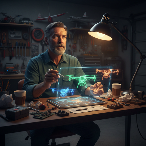 Un ingénieur expérimenté trouve son étincelle créative en dessinant des prototypes innovants dans son garage, illustrant la tension entre sa routine professionnelle et sa passion intacte.