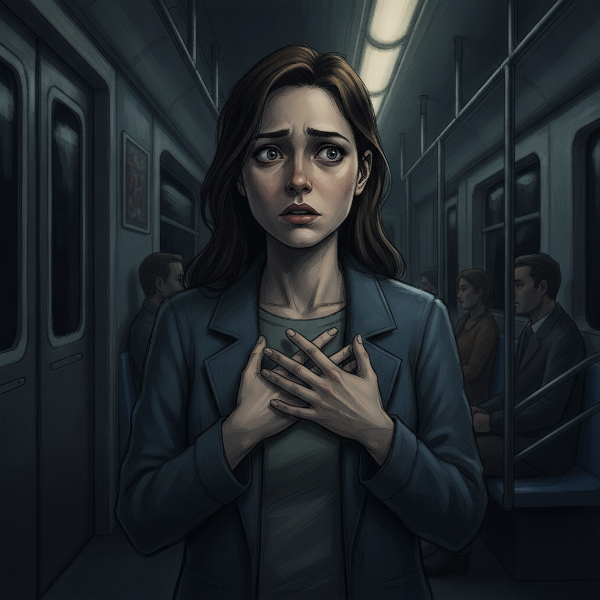 Illustration d'une jeune femme en proie à une crise d'angoisse dans une station de métro, symbolisant le traumatisme et la peur des transports.