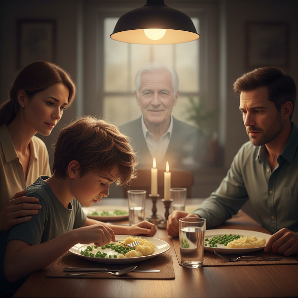 Un enfant anxieux à table, avec l'image douce de son grand-père en arrière-plan, illustrant la peur des repas liée au deuil.
