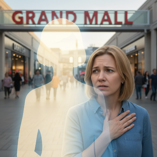 Une mère anxieuse face à un lieu public, accompagnée par la présence rassurante d'une psychologue.