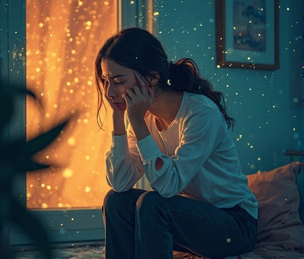 Une femme anxieuse le soir, seule, vérifie son pouls, entourée de pensées médicales et de tensions, avec une lueur d'apaisement par la respiration.