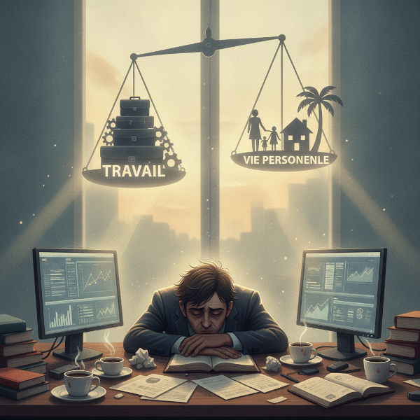 Un homme de 55 ans, lunettes, assis à un bureau encombré, la tête dans les mains, entouré de symboles de stress et de solutions comme des plantes et une horloge.