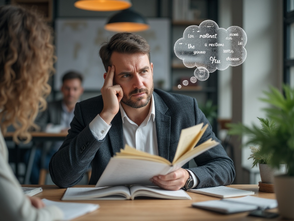 Illustration d'un professionnel ressentant de l'anxiété en réunion, avec le soutien de sa partenaire symbolisé par un carnet de confidences.