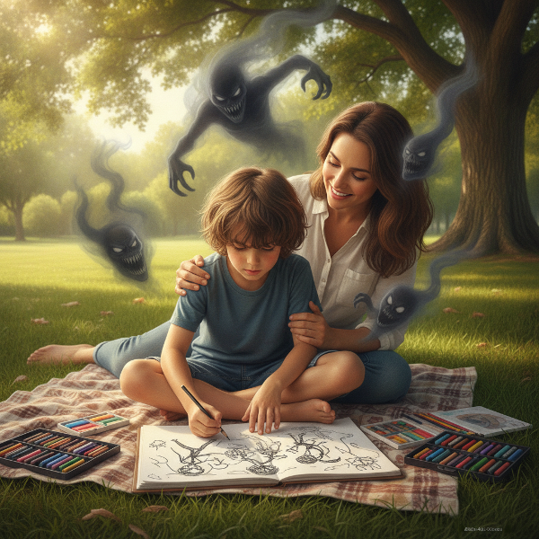 Un garçon traumatisé dessine dans un parc, entouré de symboles de bagarre et de cauchemars, sa mère le réconforte avec douceur.