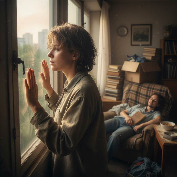 Une illustration montrant la sensation d'oppression dans un petit appartement, contrastant avec le calme du partenaire, et une lueur d'espoir par la fenêtre.