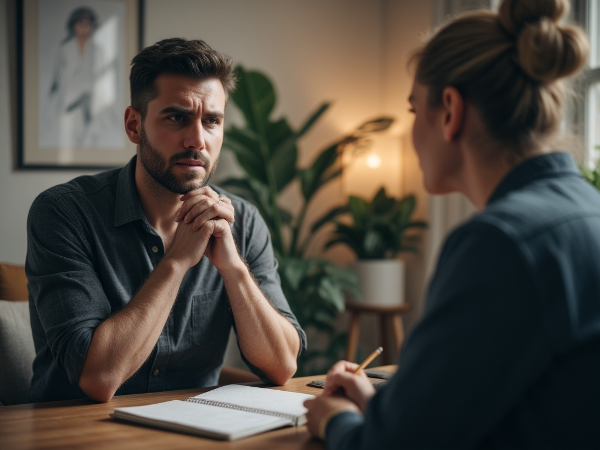 Un homme inquiet face à sa partenaire renfermée, dans un cadre évoquant une réflexion sur la communication.