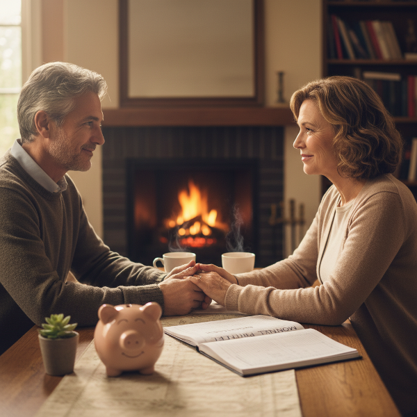 Un couple dialoguant sur leur budget familial avec une tirelire et des documents financiers.