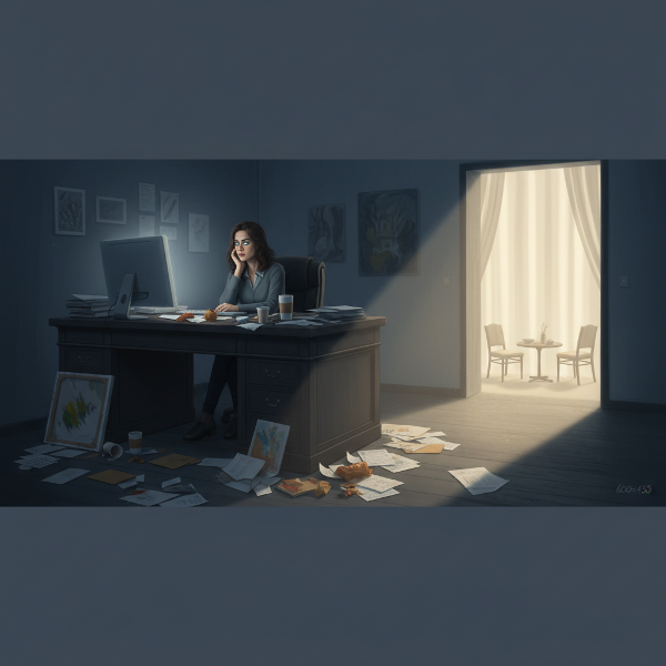 Une graphiste en détresse, paralysée par l'apathie devant son écran, dans un bureau sombre symbolisant la dépression et la pression financière.