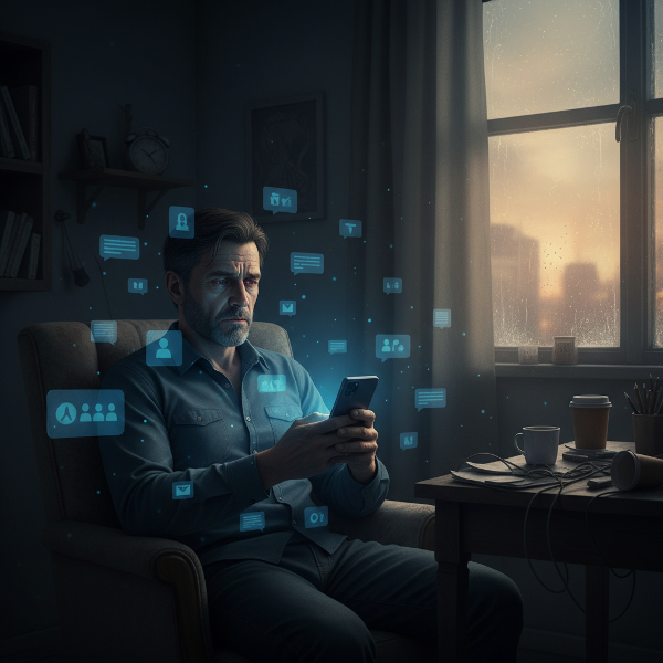 Un homme épuisé, isolé dans la lumière bleue de son téléphone, entouré de notifications fantomatiques, illustrant l'épuisement numérique et le repli social.