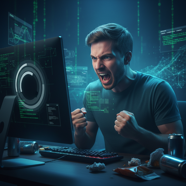 Un jeune développeur en proie à une colère disproportionnée face à la lenteur d'un chargement web, illustrant la tension entre l'homme et la technologie.