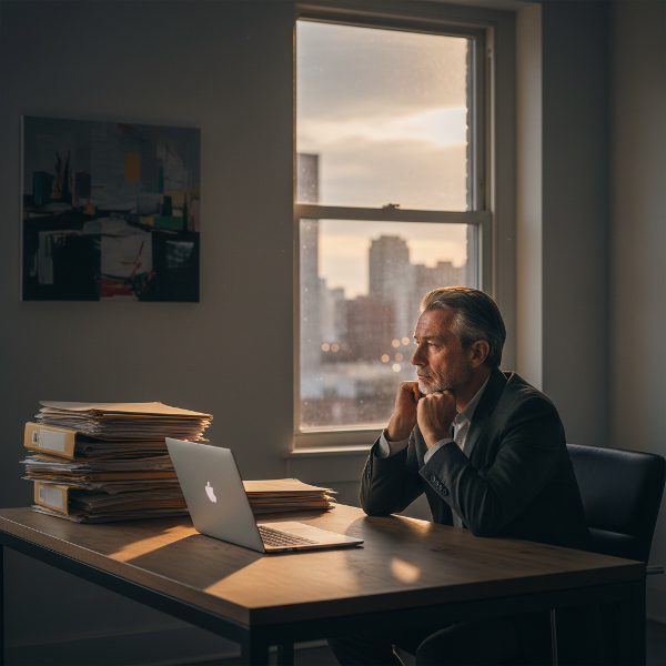 Un cadre expérimenté, visiblement épuisé, contemple par la fenêtre de son bureau, entouré des symboles de sa charge de travail.