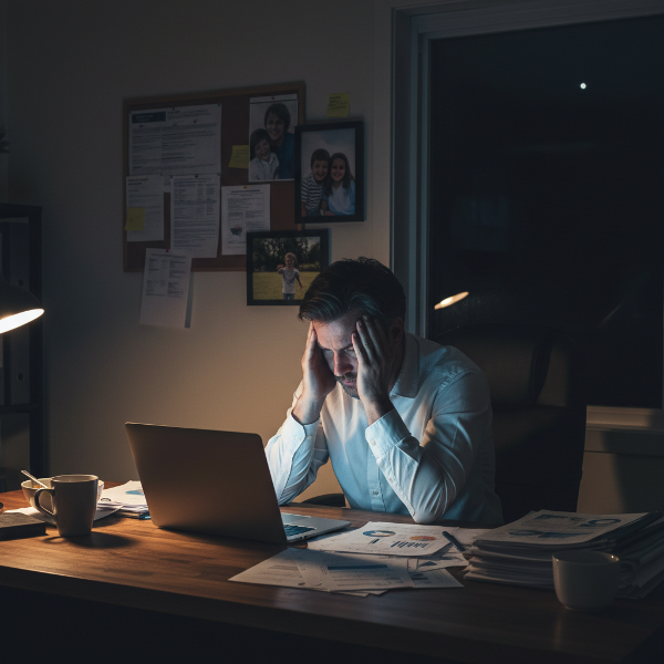 Un entrepreneur épuisé, père de famille, seul dans son bureau la nuit, submergé par le stress professionnel et les responsabilités parentales.