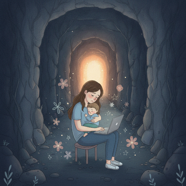 Jeune maman épuisée jonglant entre son enfant et son travail, tunnel sombre avec lueur d'espoir.