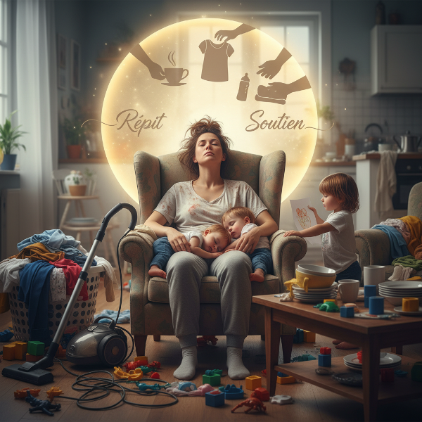 Une illustration montrant une mère surchargée au milieu du chaos domestique, avec une lumière douce suggérant l'aide possible et le besoin de soins personnels.
