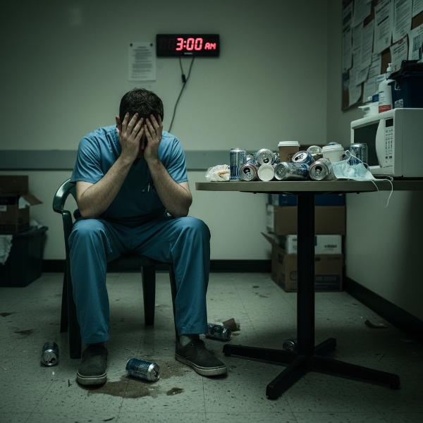 Un infirmier épuisé dans une salle de pause de nuit, entouré de canettes de boisson énergisante vides.