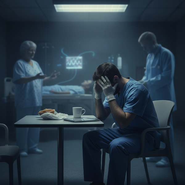 Un infirmier épuisé en tenue bleue, seul dans une salle de repos d'hôpital la nuit, avec des images fantomatiques de patients en arrière-plan.